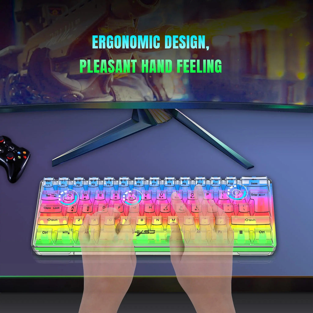 HXSJ-V700 USB Wired 61-Key Film Keyboard, RGB Backlight Fully Transparent PC Gaming Keyboard, Ergonomic Keyboard for Gaming, Office, Home, Men Gifts, Backlit Keyboard, Light up Keyboard, RGB Lighting Keyboard