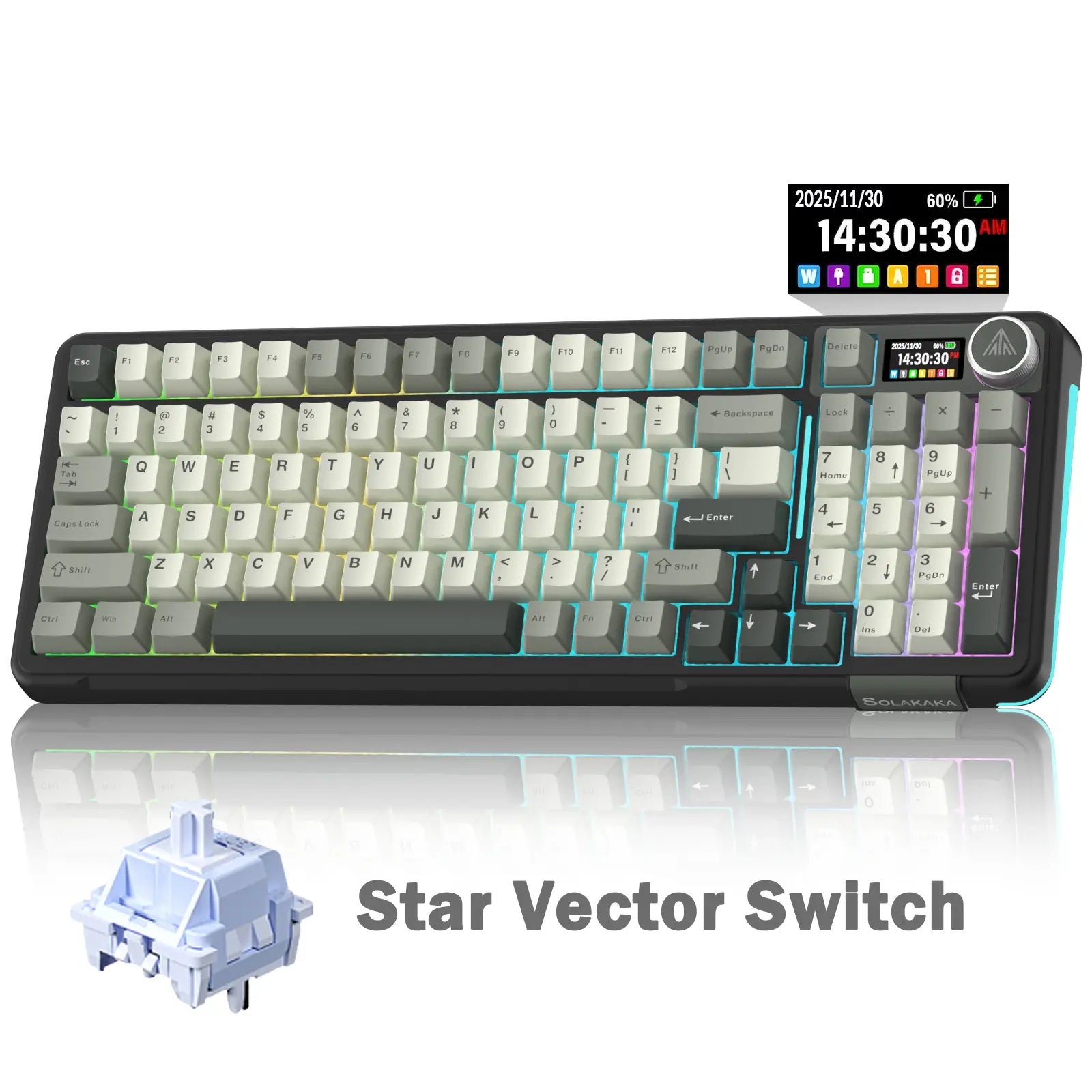 Solakaka A99 Pro Wireless Mechanical Keyboard, Tri-Mode Bluetooth 2.4G USB-C, Hot Swappable RGB Backlit Gaming Keyboard with Numpad, LCD Screen & Knob Custom Keyboard Summerwins,Summerwins