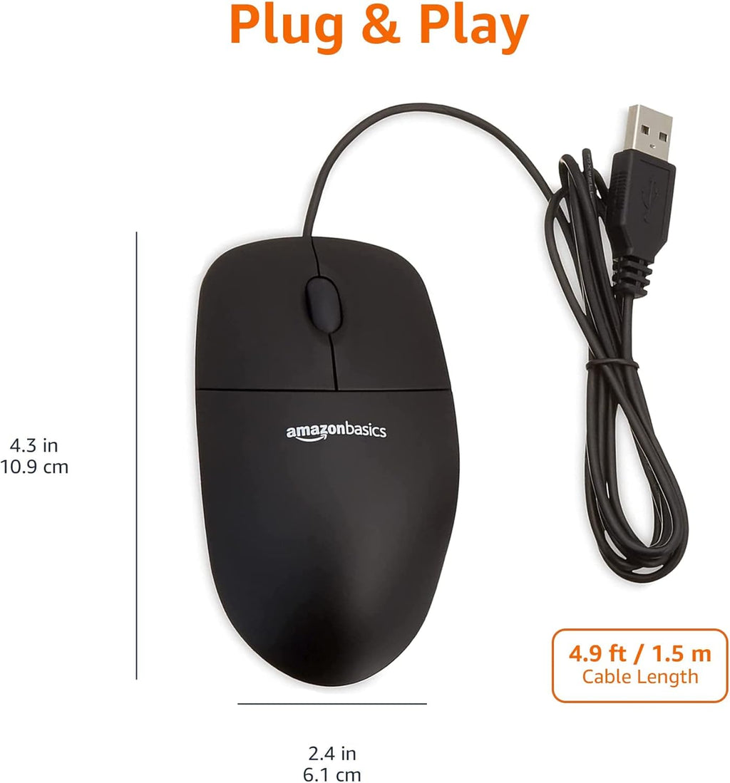 3-Button USB Wired Mouse with Responsive Tracking, Plug & Play, Compatible with Windows and Mac, Black