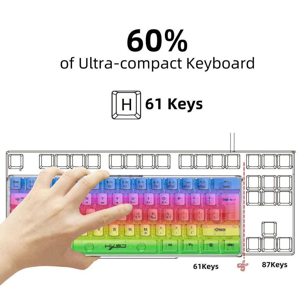 HXSJ-V700 USB Wired 61-Key Film Keyboard, RGB Backlight Fully Transparent PC Gaming Keyboard, Ergonomic Keyboard for Gaming, Office, Home, Men Gifts, Backlit Keyboard, Light up Keyboard, RGB Lighting Keyboard