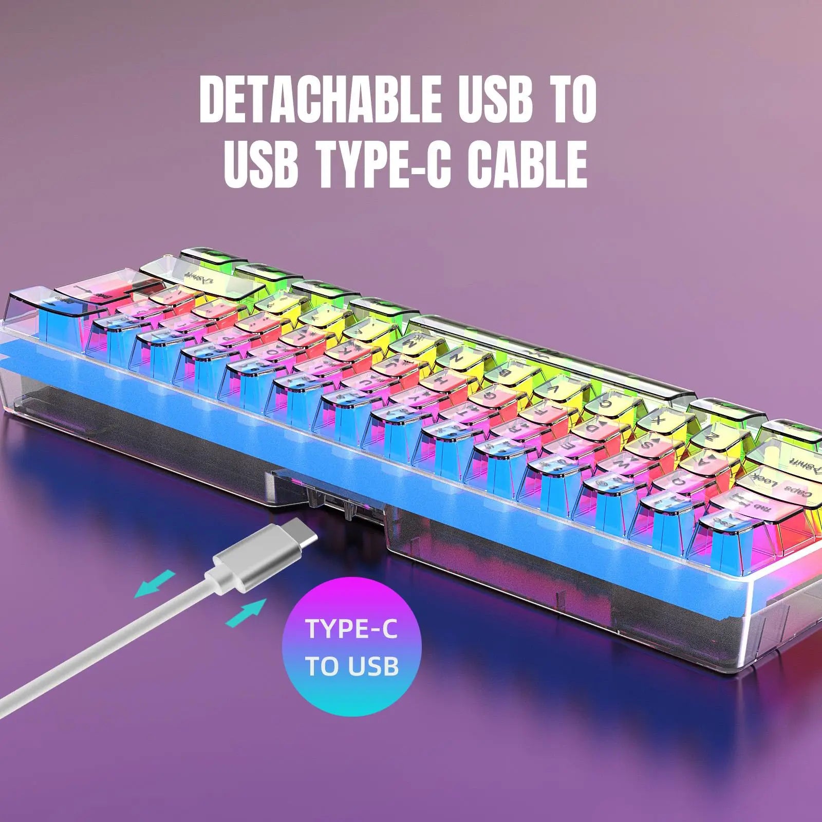 HXSJ-V700 USB Wired 61-Key Film Keyboard, RGB Backlight Fully Transparent PC Gaming Keyboard, Ergonomic Keyboard for Gaming, Office, Home, Men Gifts, Backlit Keyboard, Light up Keyboard, RGB Lighting Keyboard