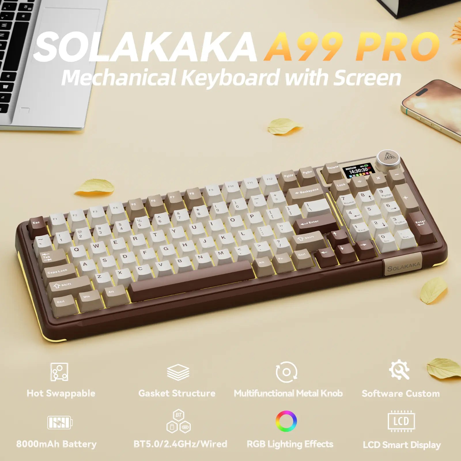 Solakaka A99 Pro Wireless Mechanical Keyboard, Tri-Mode Bluetooth 2.4G USB-C, Hot Swappable RGB Backlit Gaming Keyboard with Numpad, LCD Screen & Knob Custom Keyboard Summerwins,Summerwins